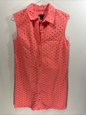 Halogen Coral Eyelet Sleeveless Button-Down Cotton Collard Dress Small